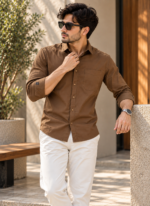 Solid Brown Cotton Shirt - Image 2