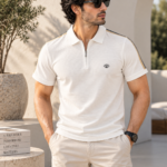 Textured Knit Zipper Polo T-Shirt