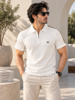 Textured Knit Zipper Polo T-Shirt